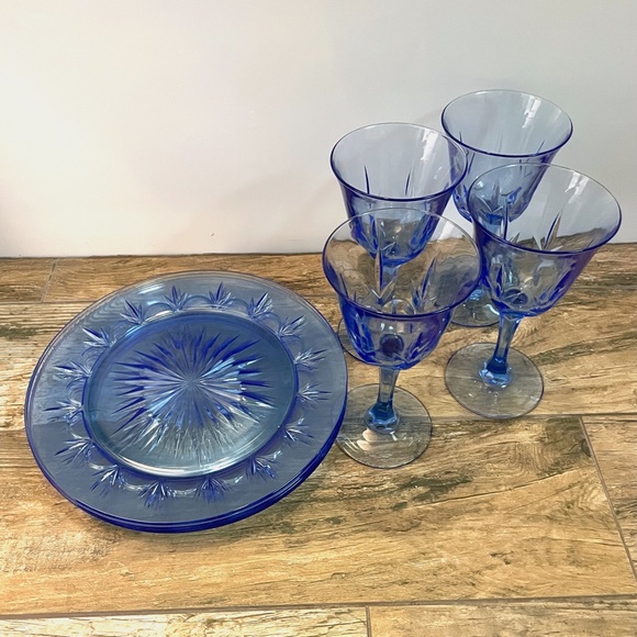 🌟VINTAGE🌟 1980s Avon + Fostoria American Starburst Plates + Glasses Set of 8 - Picture 3 of 10